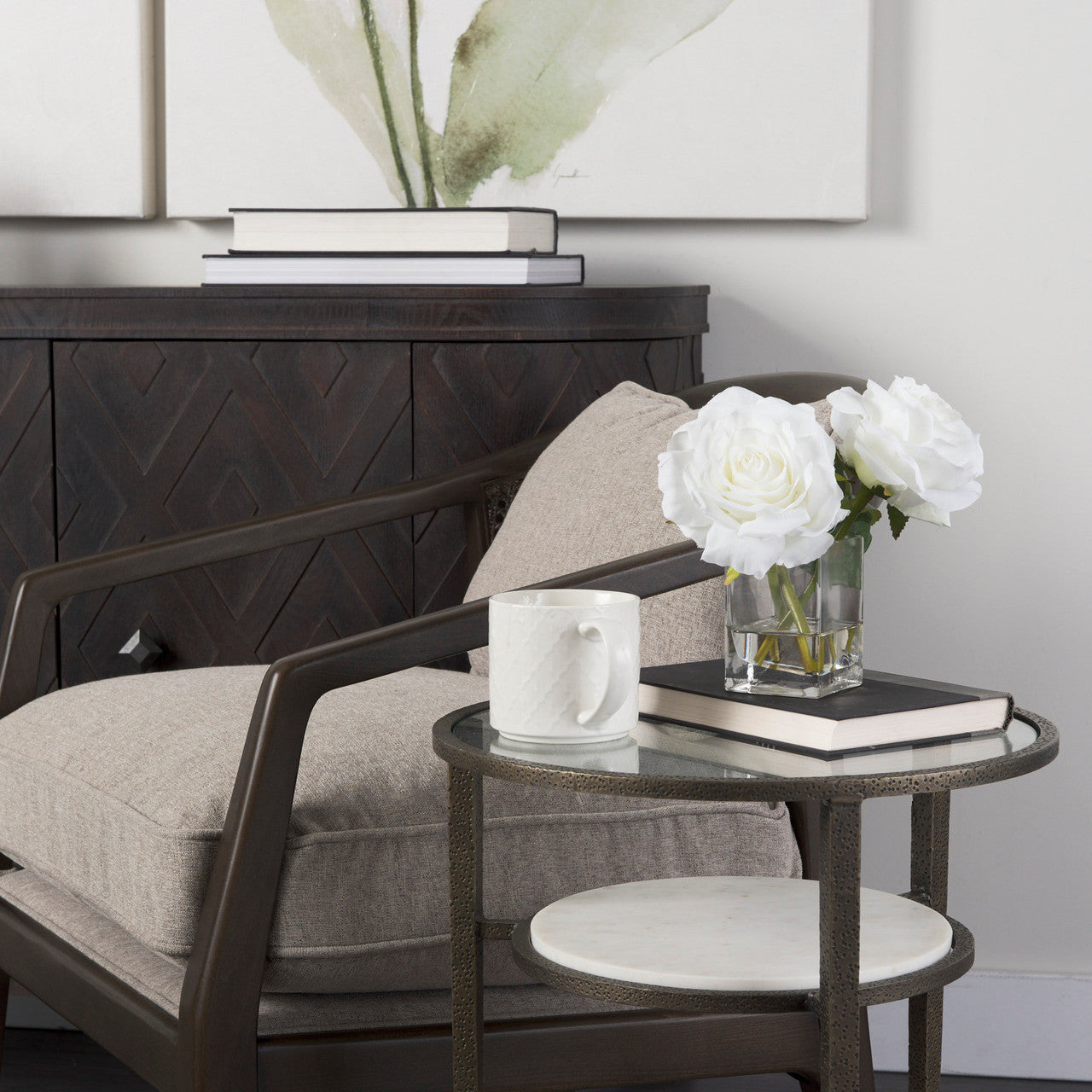 Felicity 15.8L X 15.8W X 22.5H Glass Top W/ White Marble Shelf and Antique Gold Base End/Side Table