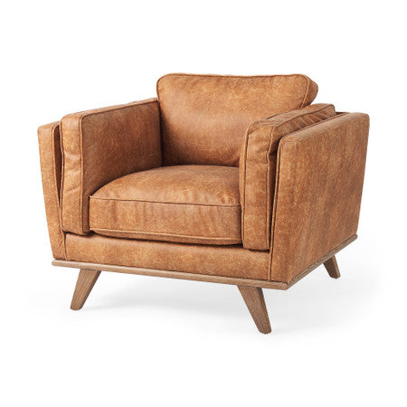 Brooks Cognac Brown Faux Leather Chair W/ Medium Brown Wooden Legs