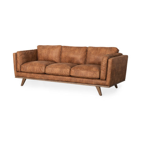 Brooks Cognac Brown Faux Leather Three Seater Sofa W/ Medium Brown Wooden Legs