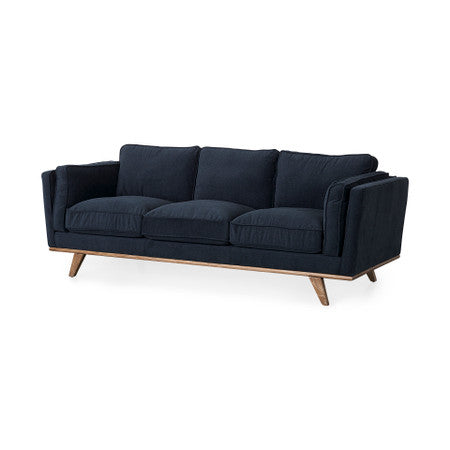 Brooks Navy Blue Fabric Three Seater Sofa W/ Medium Brown Wooden Legs