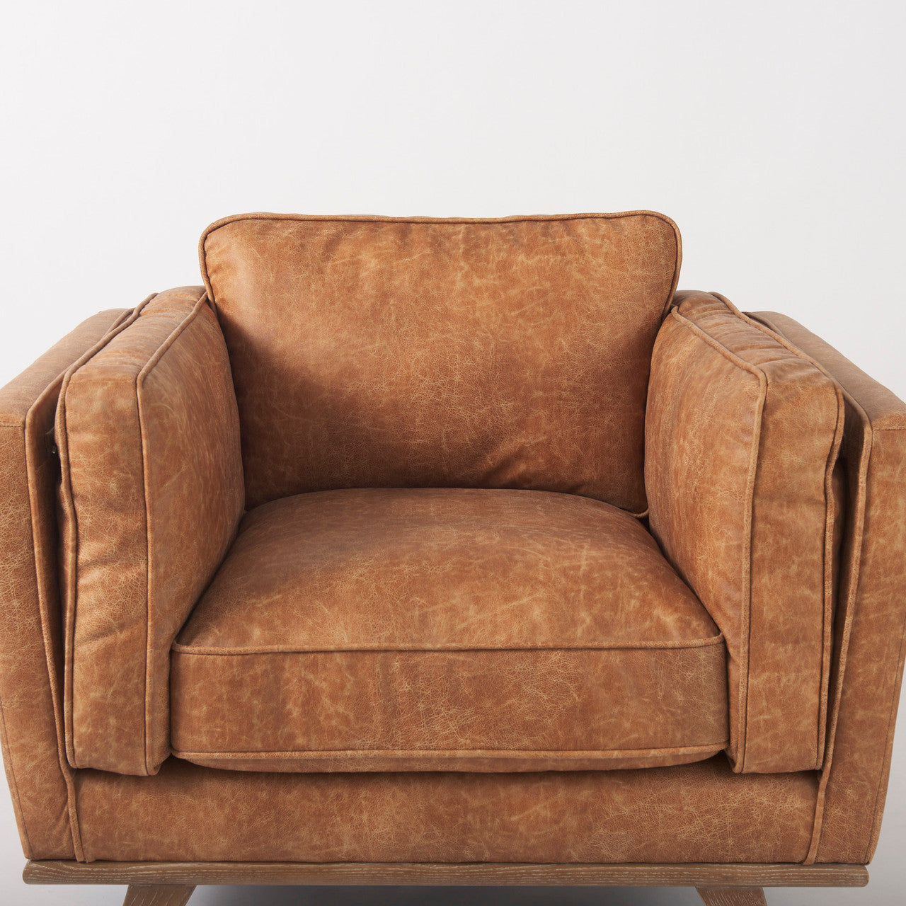 Brooks 41.7L x 34.8W x 33.5H Cognac Brown Faux Leather Chair W/ Medium Brown Wooden Legs