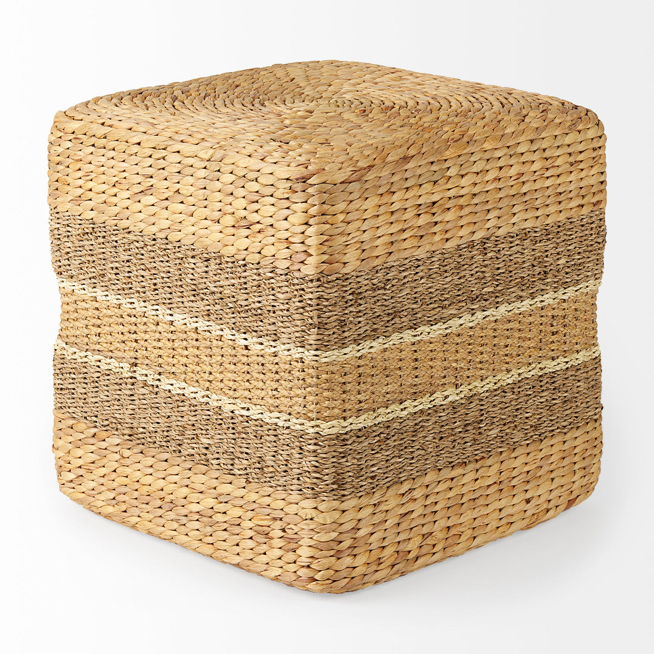 Maya 17.7L x 17.7W x 17.7H Light Brown W/Medium Brown Stripes Seagrass Square Pouf