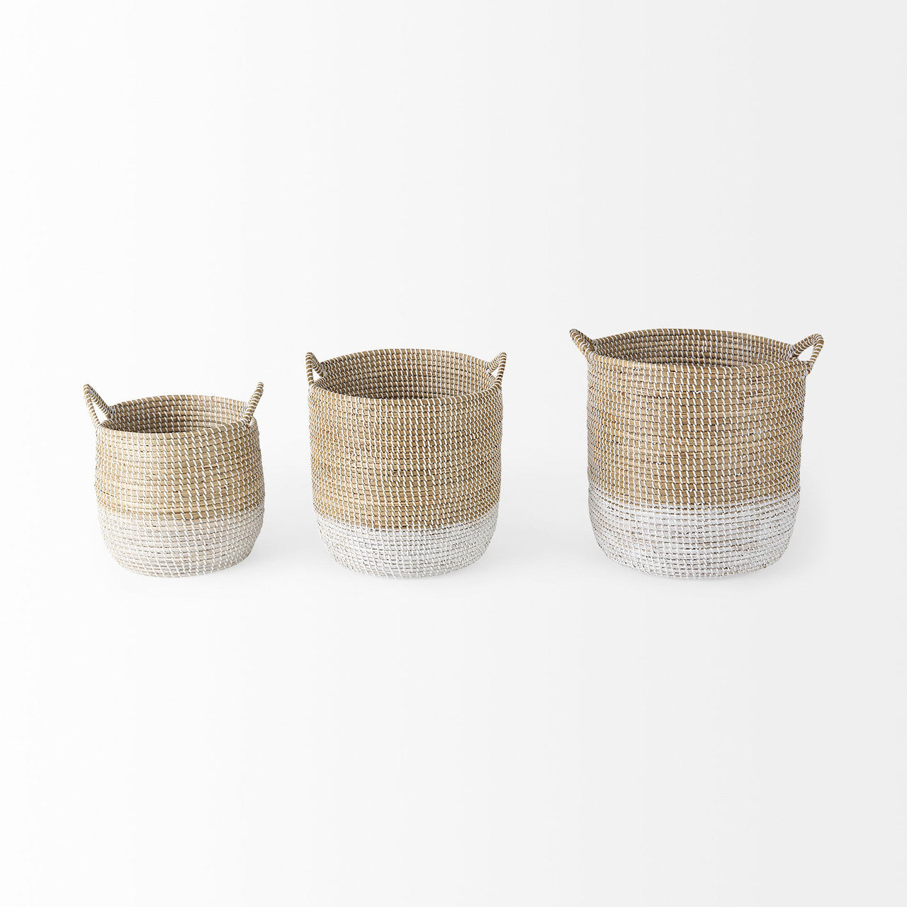Maddie 13.8L x 13.8W X 15.0H (Set of 3) Light Brown W/White Dipped Seagrass Round Basket  W/ Handles