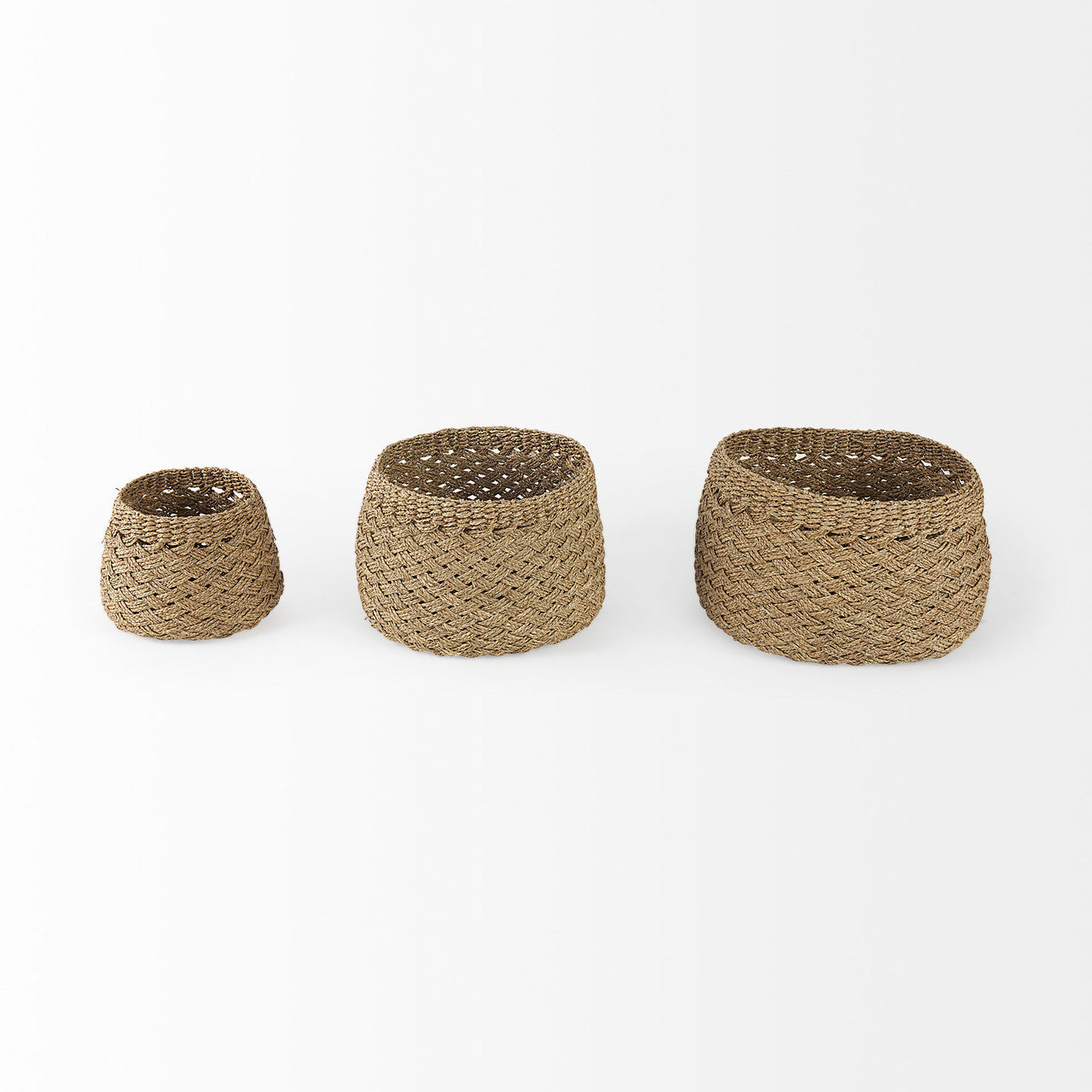 Jarek 15.0L x 15.0W x 11.8H (Set of 3) Medium Brown Seagrass Basket Cross Weave Round Basket