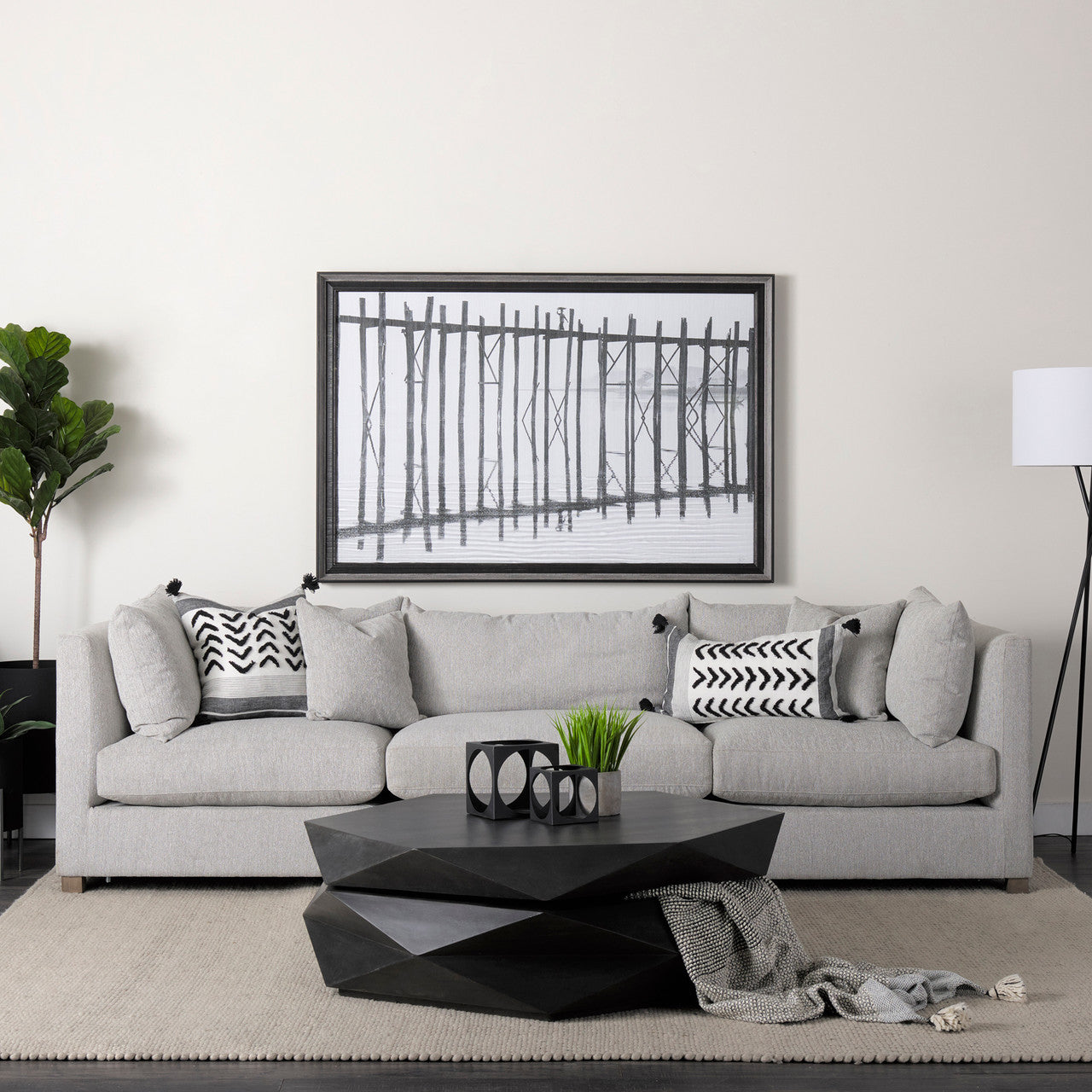 Kimia 14L x 26W White and Black Fabric Herringbone and Fringed Decorative Pillow Cover