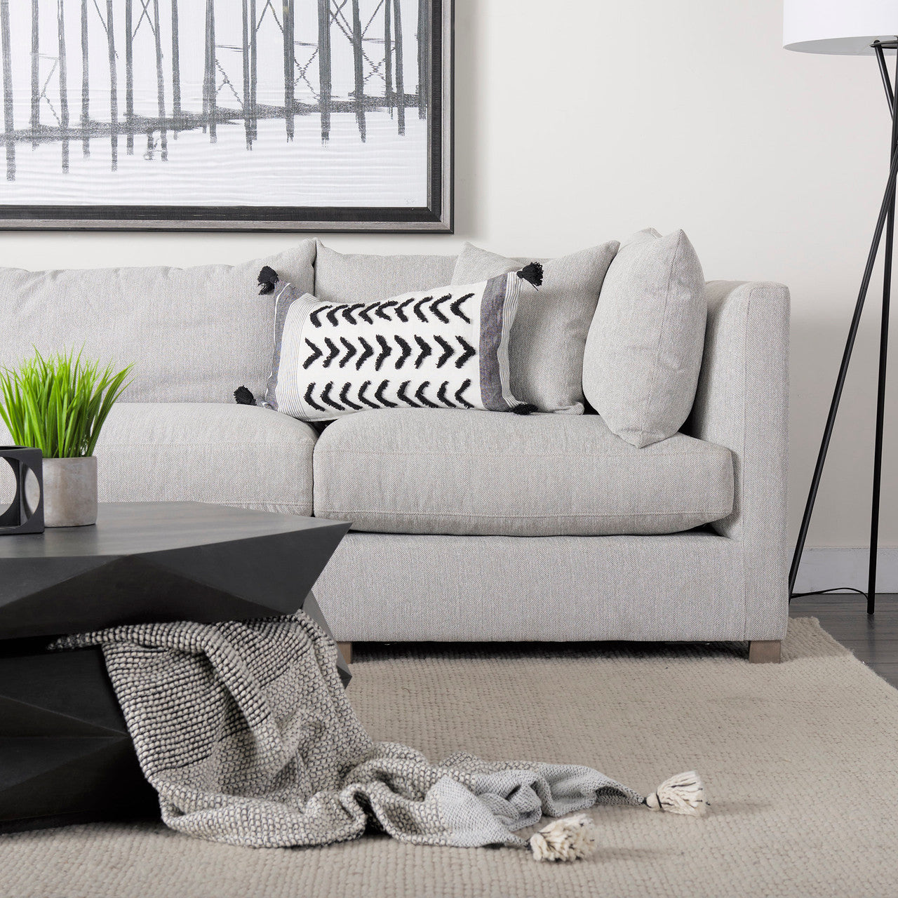 Kimia 14L x 26W White and Black Fabric Herringbone and Fringed Decorative Pillow Cover
