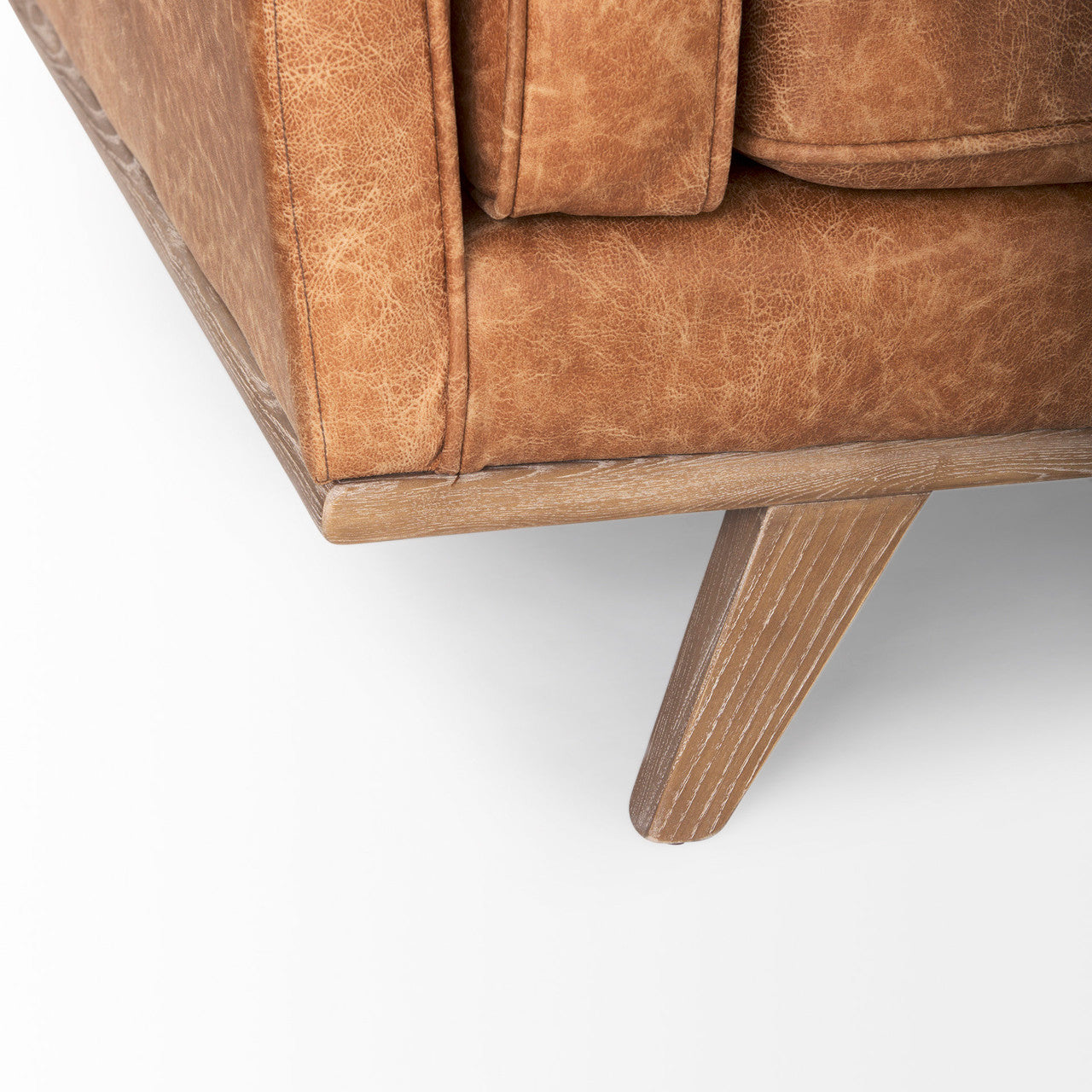 Brooks 90.2L x 34.8W x 33.5H Cognac Brown Faux Leather Three Seater Sofa W/ Medium Brown Wooden Legs