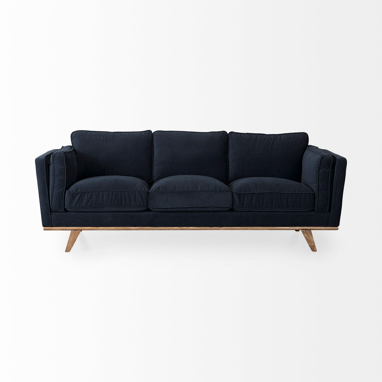 Brooks 90.2L x 34.8W x 33.5H Navy Blue Fabric Three Seater Sofa W/ Medium Brown Wooden Legs