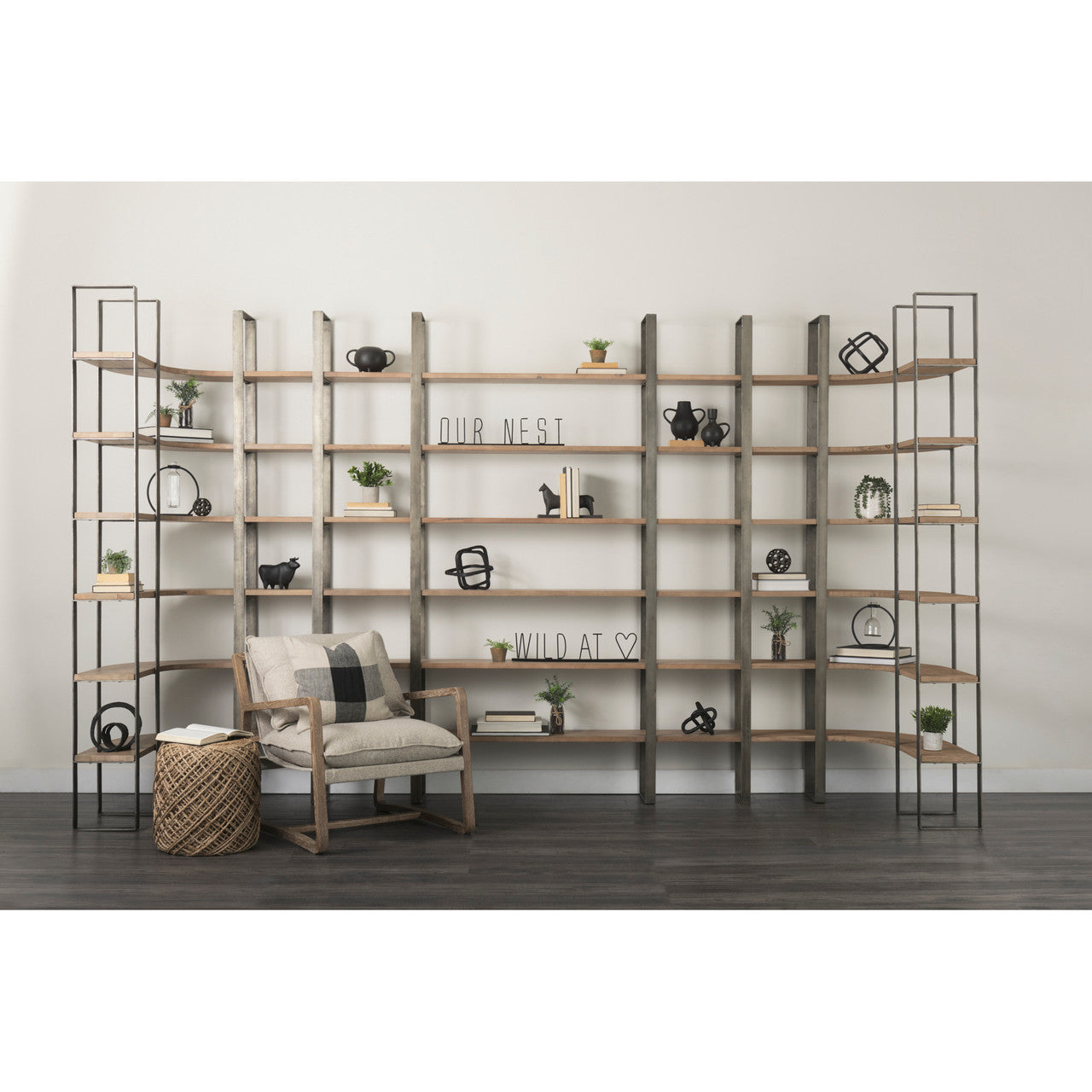 Taunton 80L x 10.5W x 90H Medium Brown Wood W/ Antique Nickel Metal Frame 6 Tier Shelving Unit