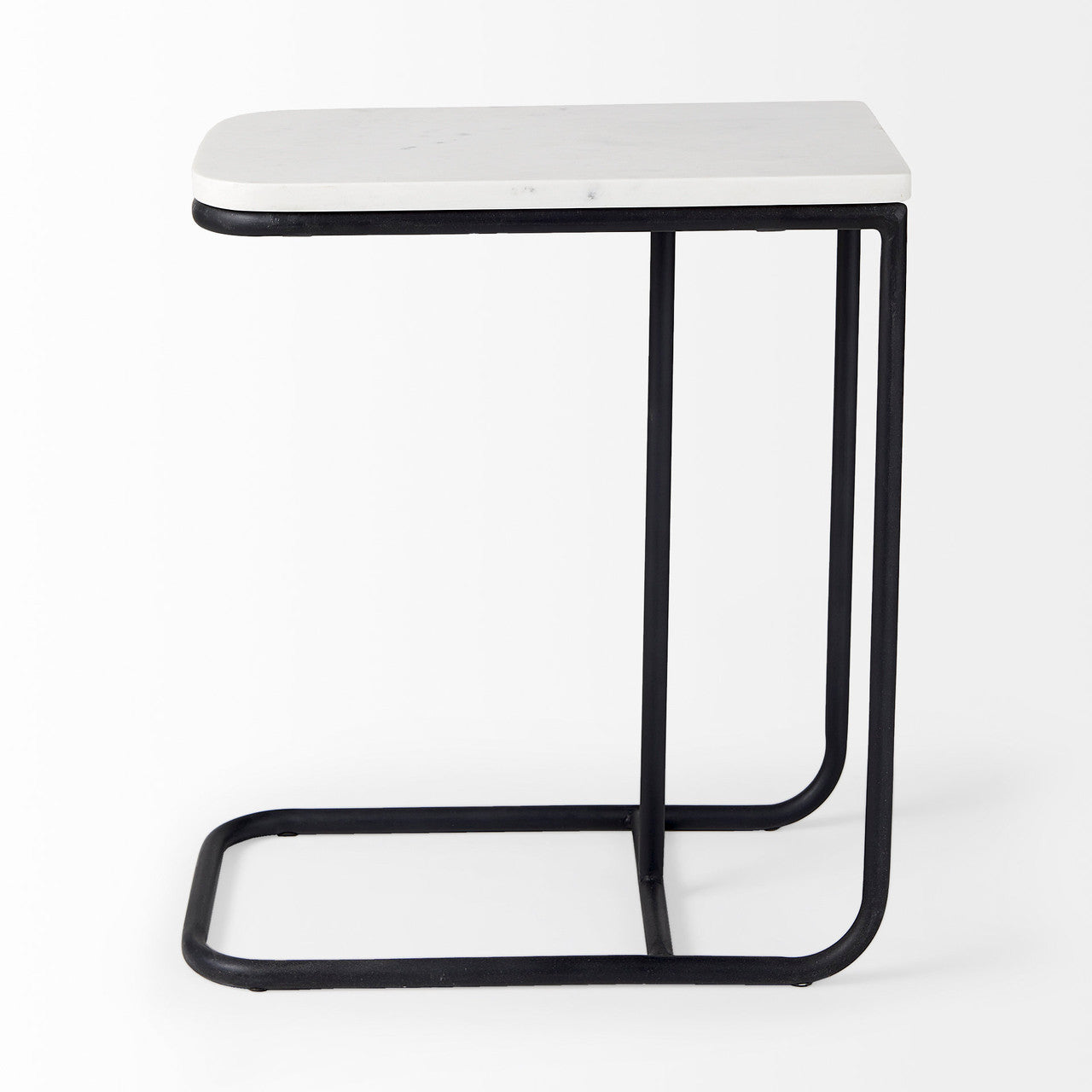 Kyra 12.0L x 20.0W x 23.0H White Marble Top W/Black Iron Frame C-Shaped End and Side Table