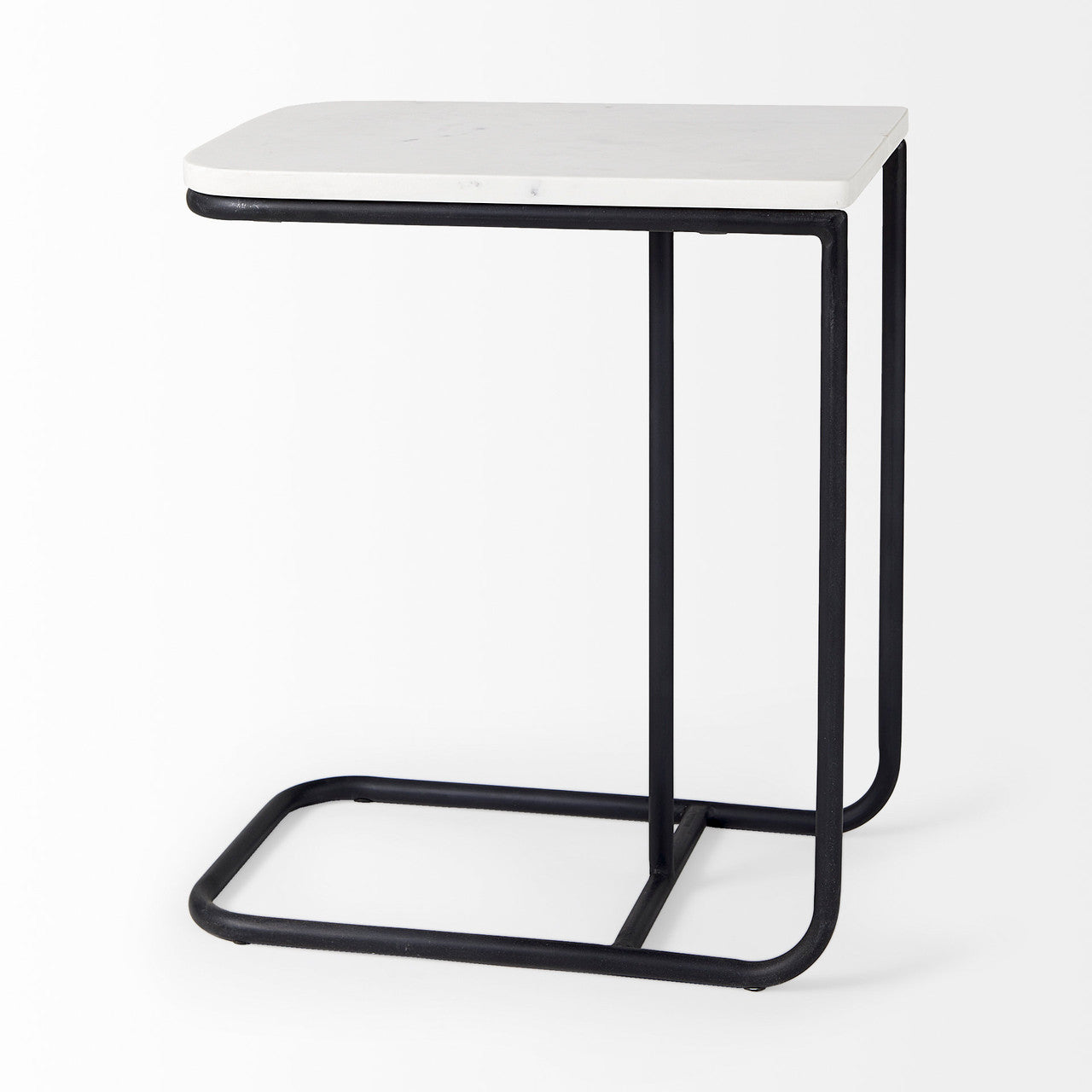 Kyra 12.0L x 20.0W x 23.0H White Marble Top W/Black Iron Frame C-Shaped End and Side Table