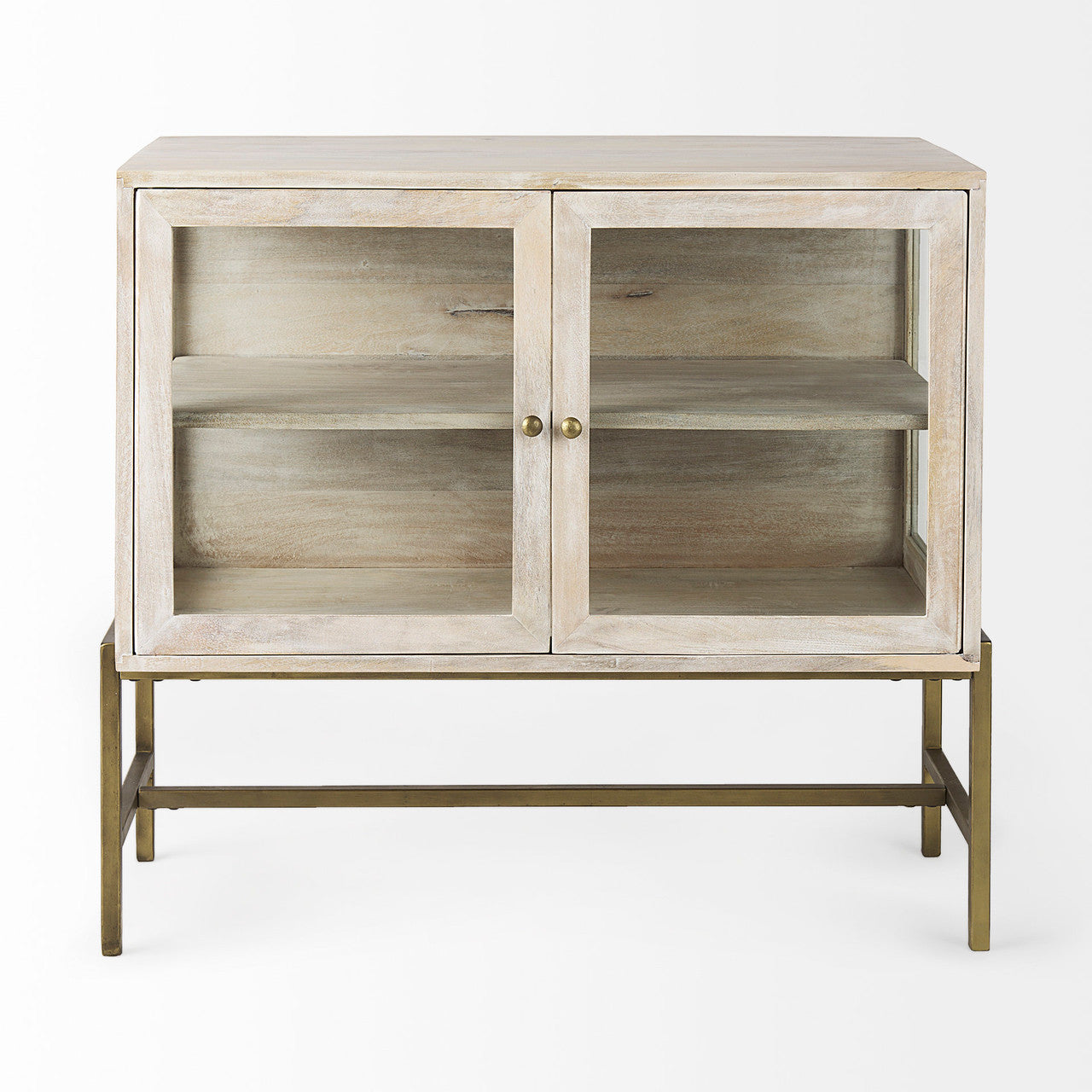Arelius 36L x 18W x 32H White Wood, Gold Metal Base w/ 2 Glass Doors Accent Cabinet