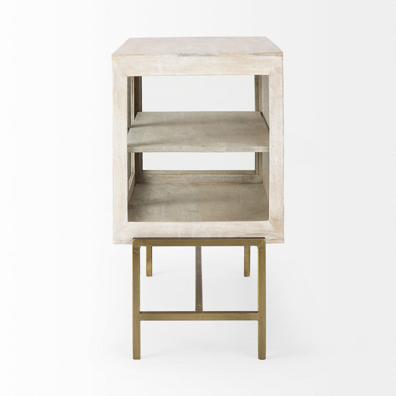 Arelius 36L x 18W x 32H White Wood, Gold Metal Base w/ 2 Glass Doors Accent Cabinet