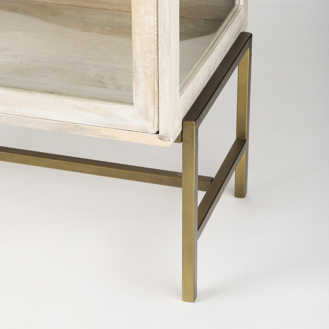 Arelius 36L x 18W x 32H White Wood, Gold Metal Base w/ 2 Glass Doors Accent Cabinet