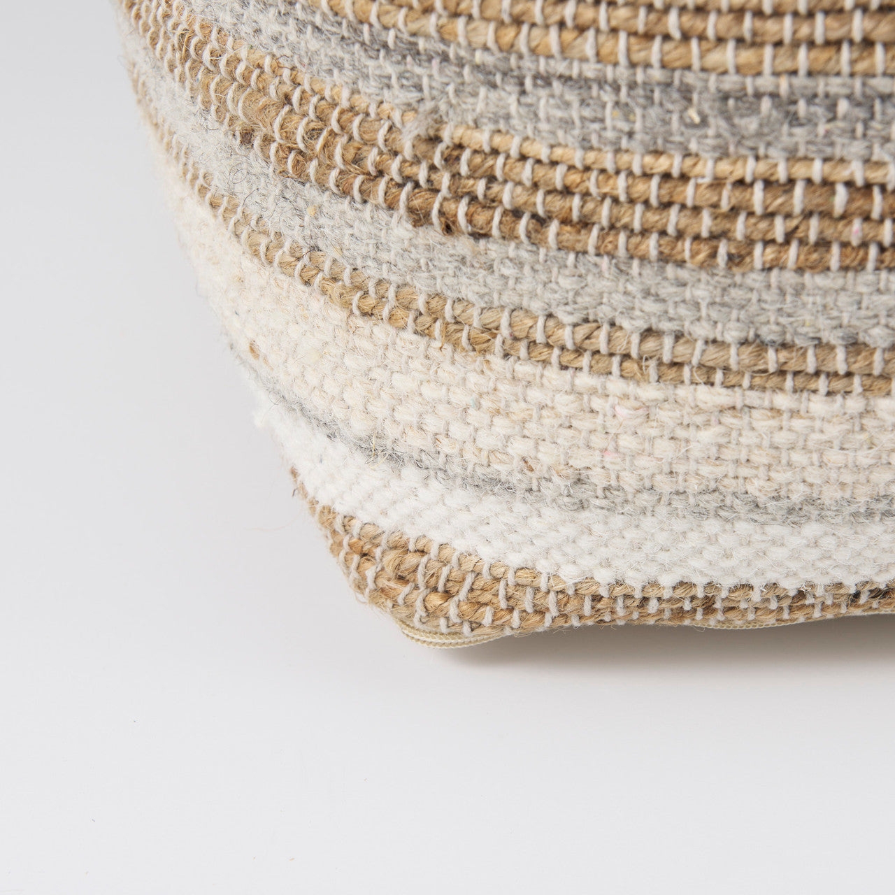 Aahana 16.0L x 16.0W x 16.0H White/Taupe/Gray Striped Hemp and Cotton Pouf