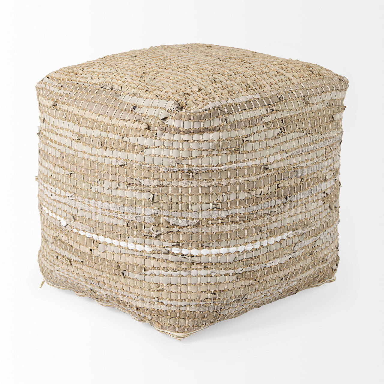 Aalia 16.0L x 16.0W x 16.0H Beige Leather and Jute Pouf