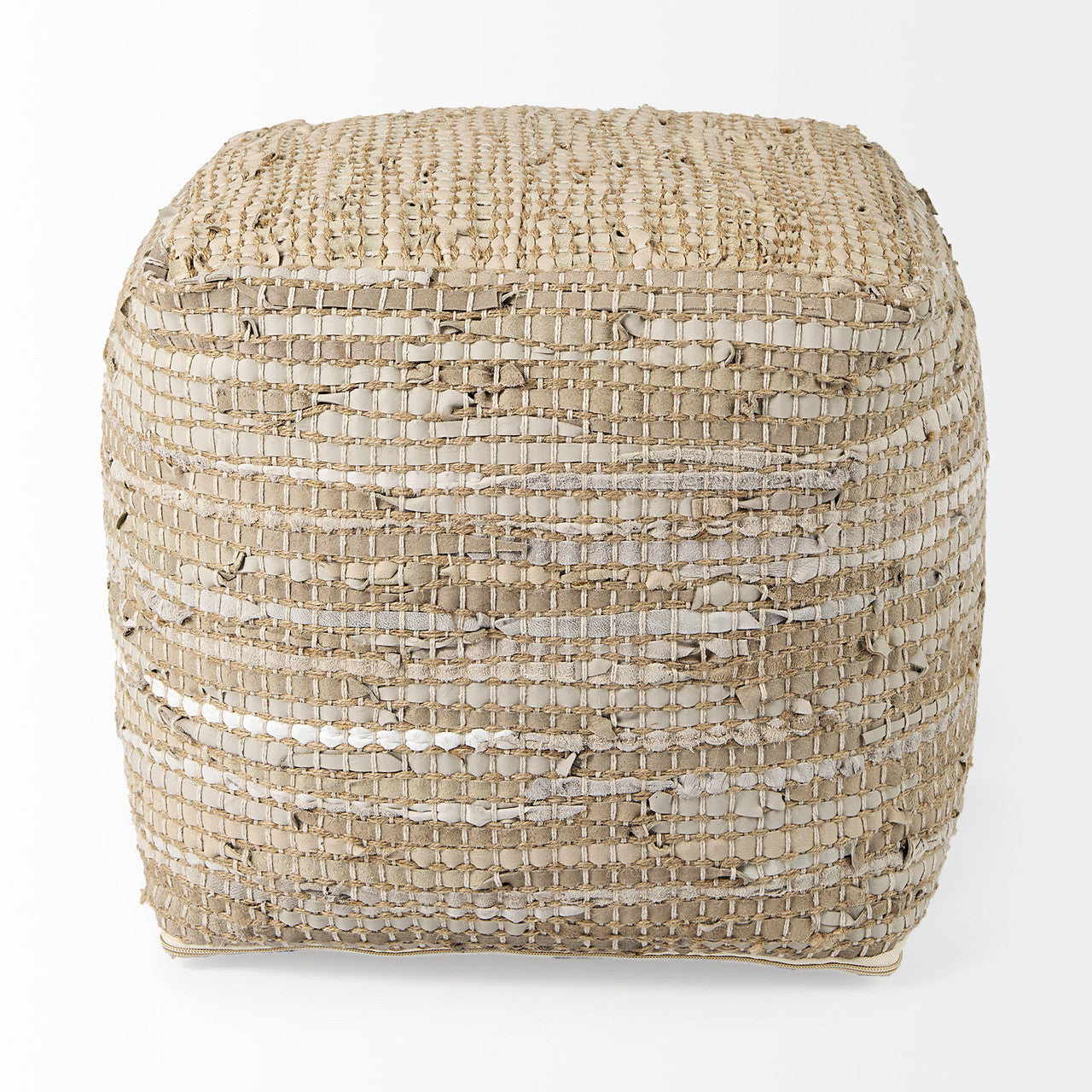 Aalia 16.0L x 16.0W x 16.0H Beige Leather and Jute Pouf