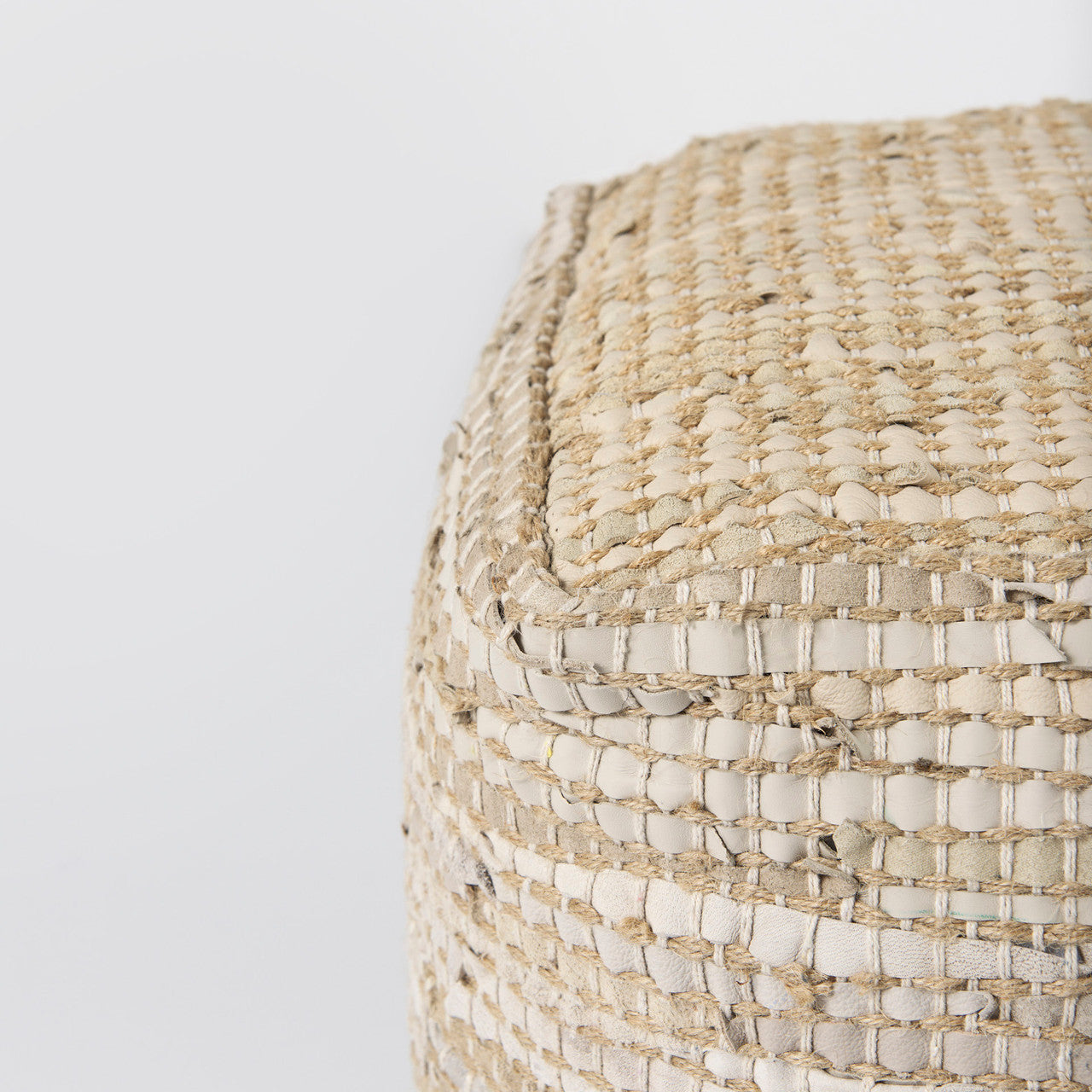 Aalia 16.0L x 16.0W x 16.0H Beige Leather and Jute Pouf