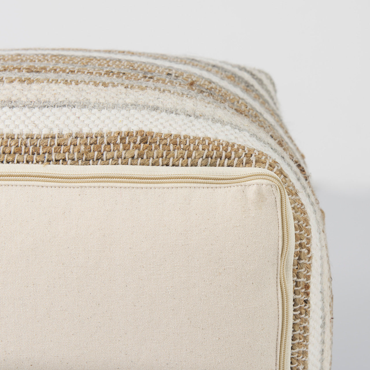 Aahana 16.0L x 16.0W x 16.0H White/Taupe/Gray Striped Hemp and Cotton Pouf