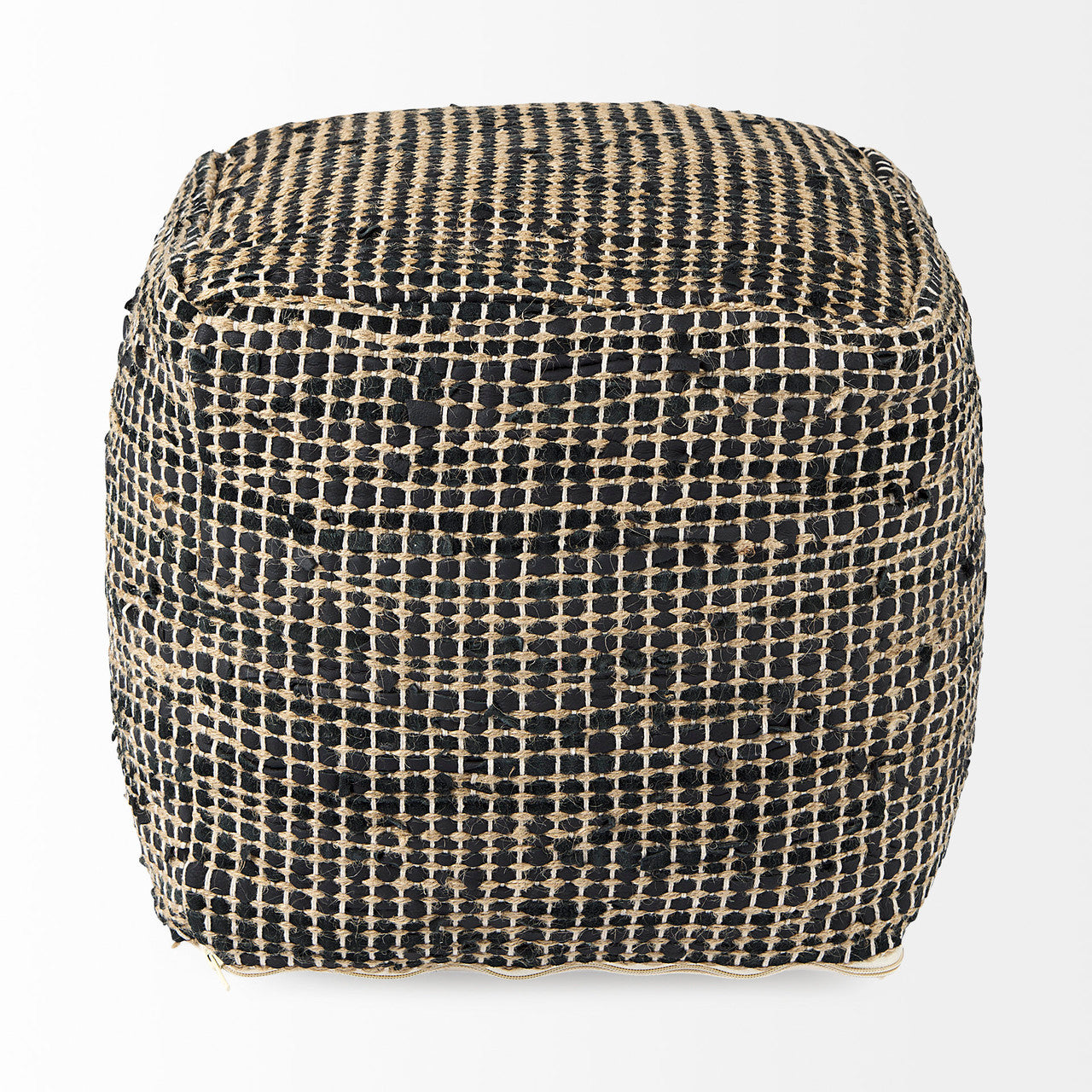 Aalia 16.0L x 16.0W x 16.0H Charcoal Leather and Jute Pouf