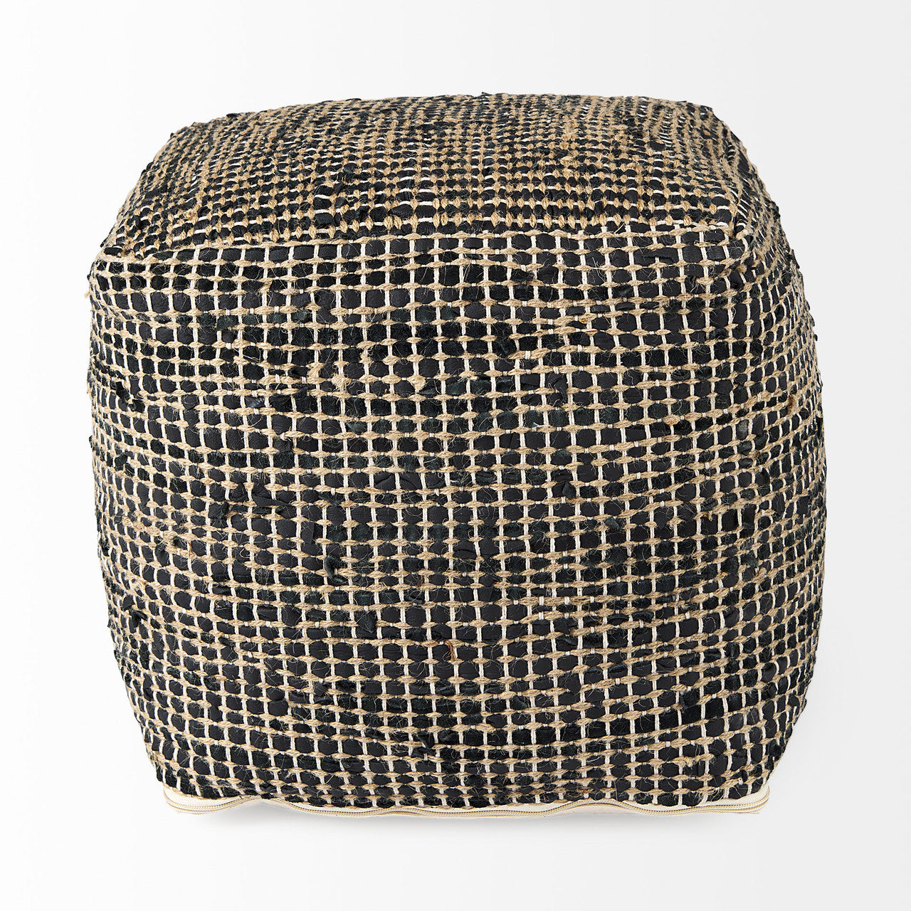 Aalia 16.0L x 16.0W x 16.0H Charcoal Leather and Jute Pouf