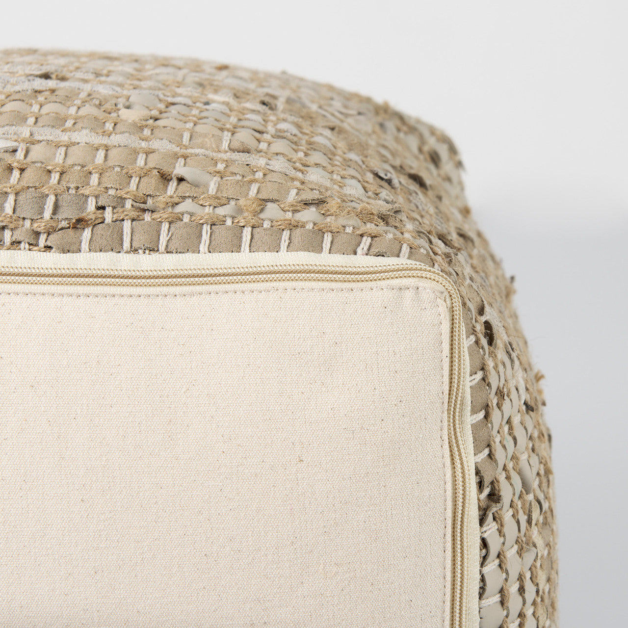 Aalia 16.0L x 16.0W x 16.0H Beige Leather and Jute Pouf