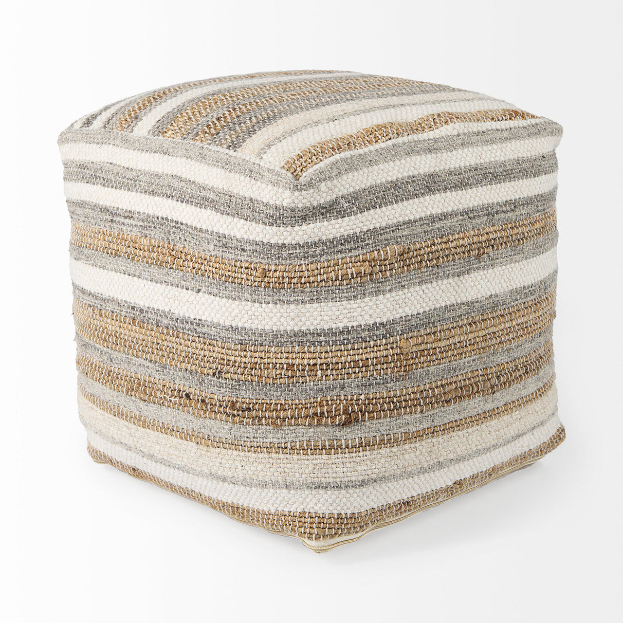 Aahana 16.0L x 16.0W x 16.0H White/Taupe/Gray Striped Hemp and Cotton Pouf