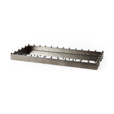 Elio Gun Metal Gray Metal W/Studs and Mirrored Bottom Rectangle Tray