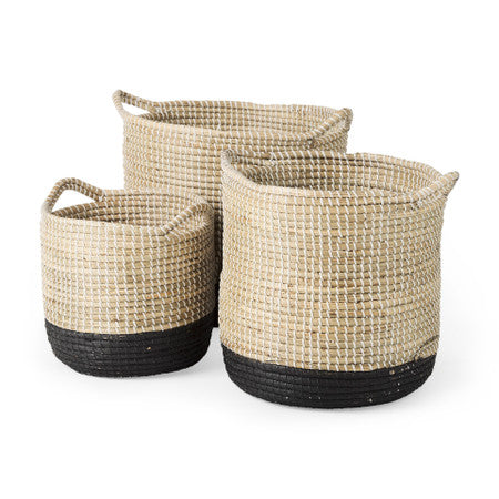 Maddie Light Brown W/Black Dipped Seagrass Round Basket W/ Handle
