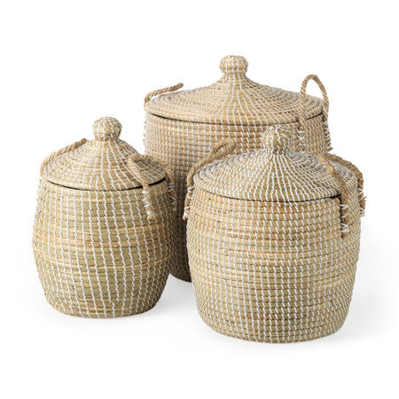 Olivia Set of 3 Beige Seagrass Basket W/Lid and Handles