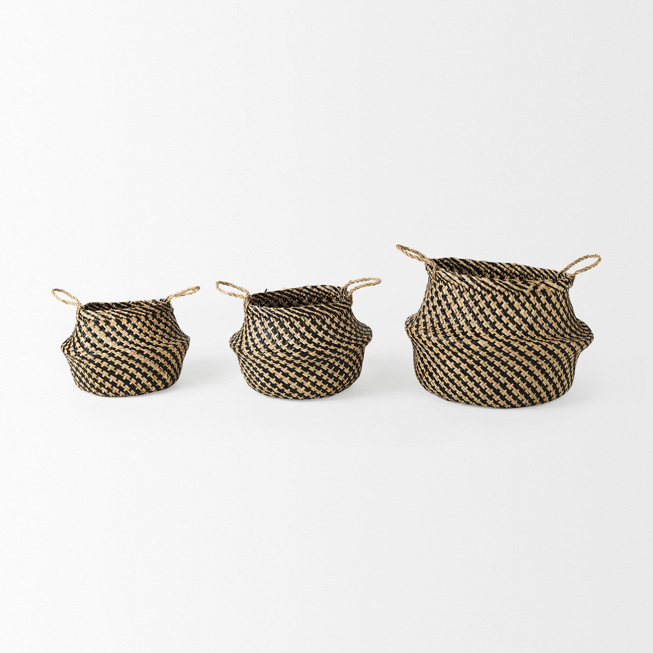 Gaia  17.7L x 17.7W x 20.5H Set of 3 Light and Dark Brown Cross Patterend Belly Seagrass Basket