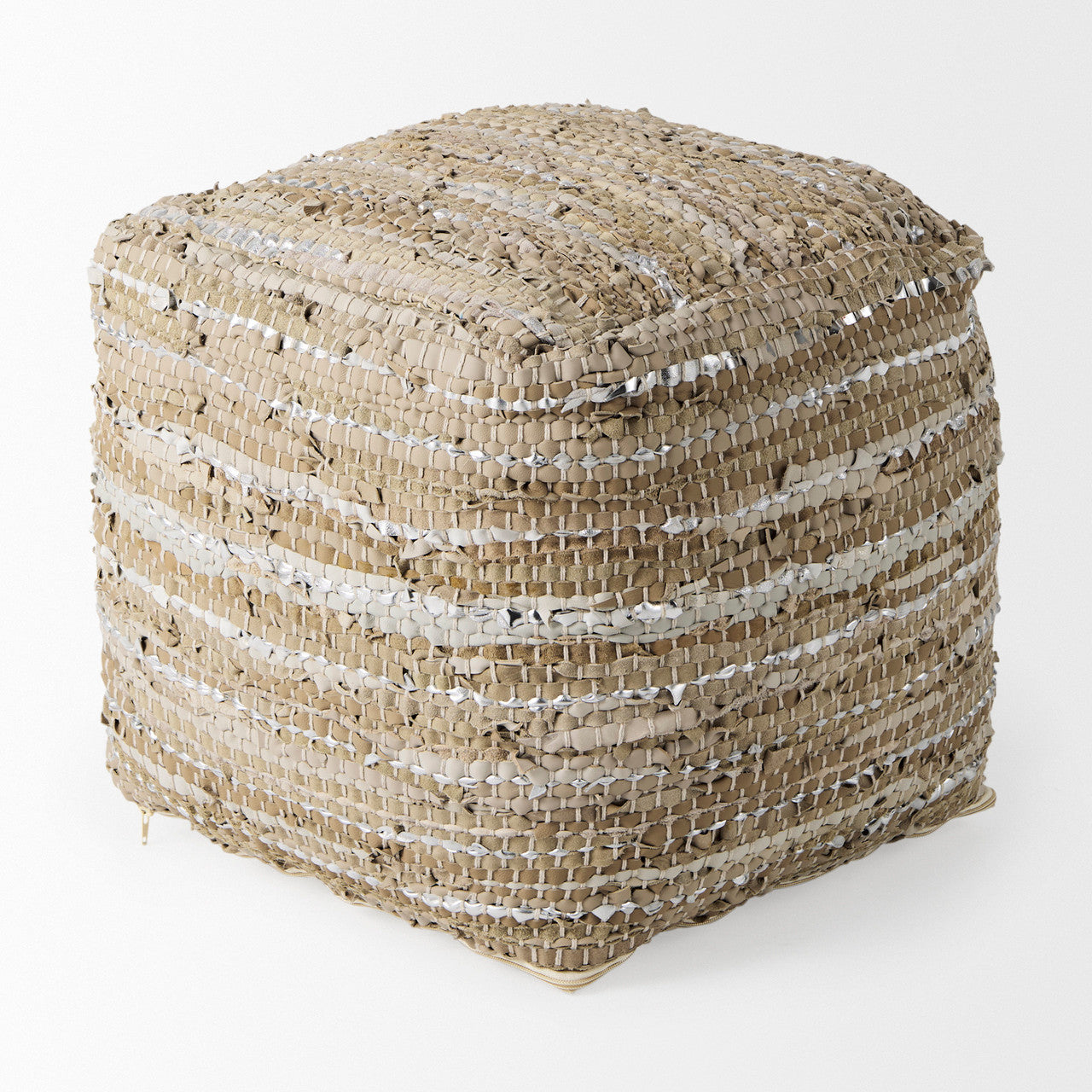 Aadhya 16.0L x 16.0W x 16.0H Taupe/Silver Leather and Cotton Pouf