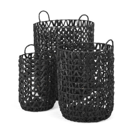 Lola Set of 3 Black Water Hyacinth Zig Zag Weave Round Basket W/ Handles