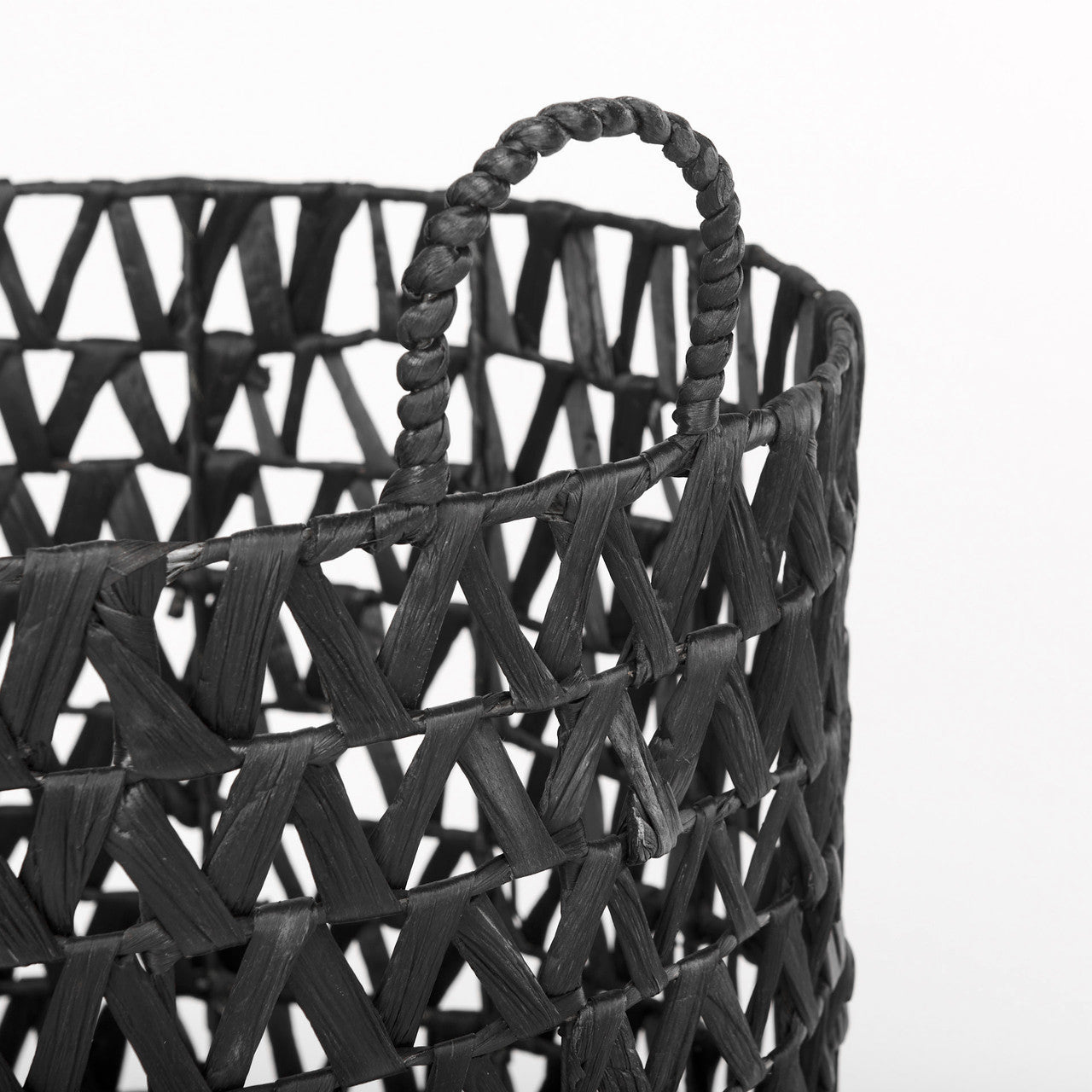 Lola 19.7L x 19.7W x 23.6 Set of 3 Black Water Hyacinth Zig Zag Weave Round Basket W/ Handles
