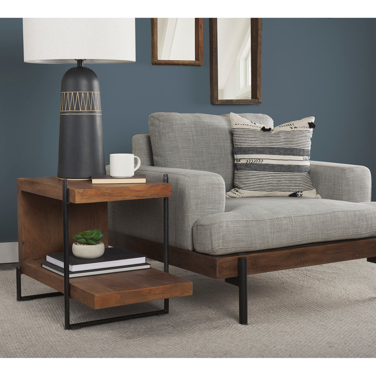 Maddox 30L x 18W x 22H Medium Brown Wood w/ Black Metal U-shaped End/Side Table