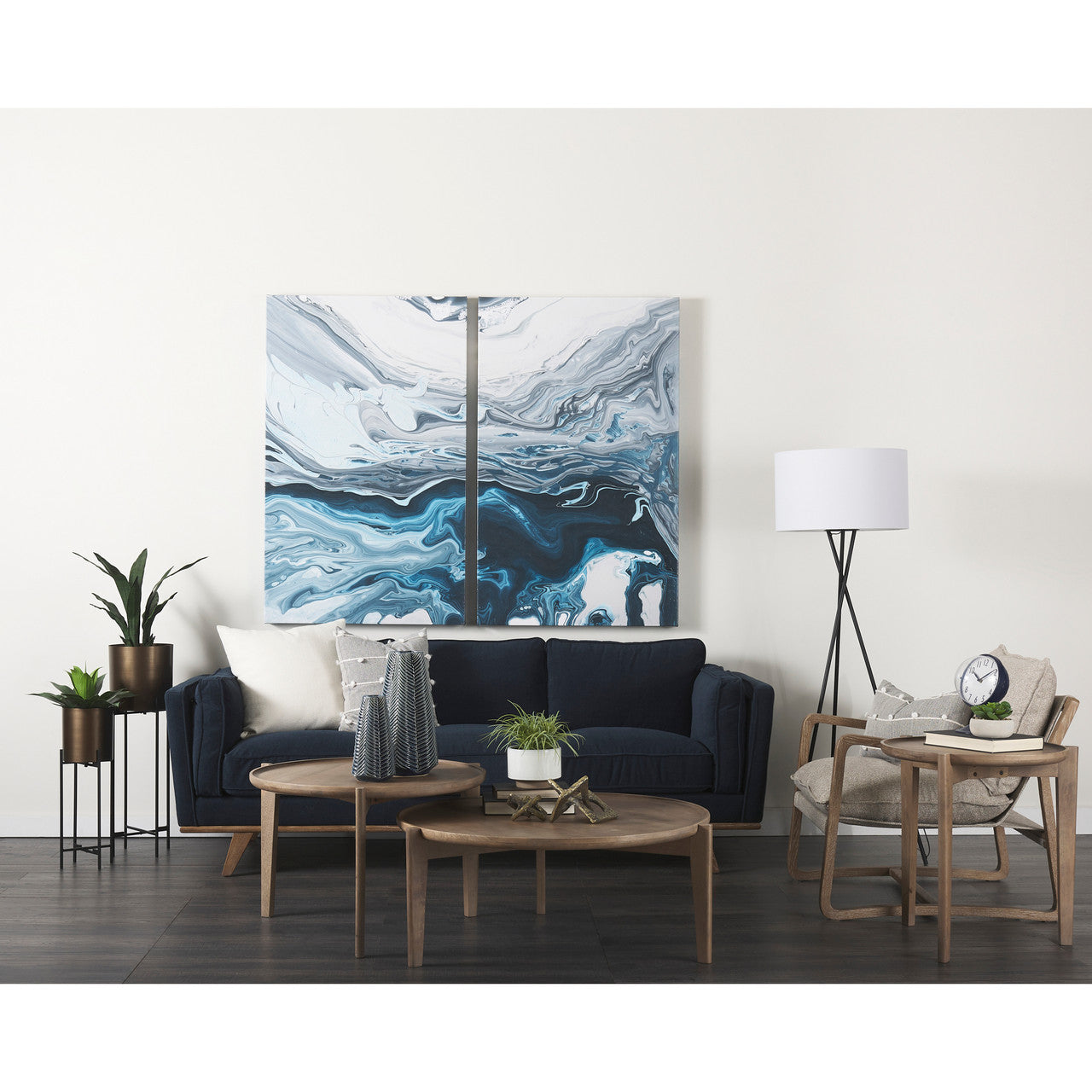 Brooks 90.2L x 34.8W x 33.5H Navy Blue Fabric Three Seater Sofa W/ Medium Brown Wooden Legs