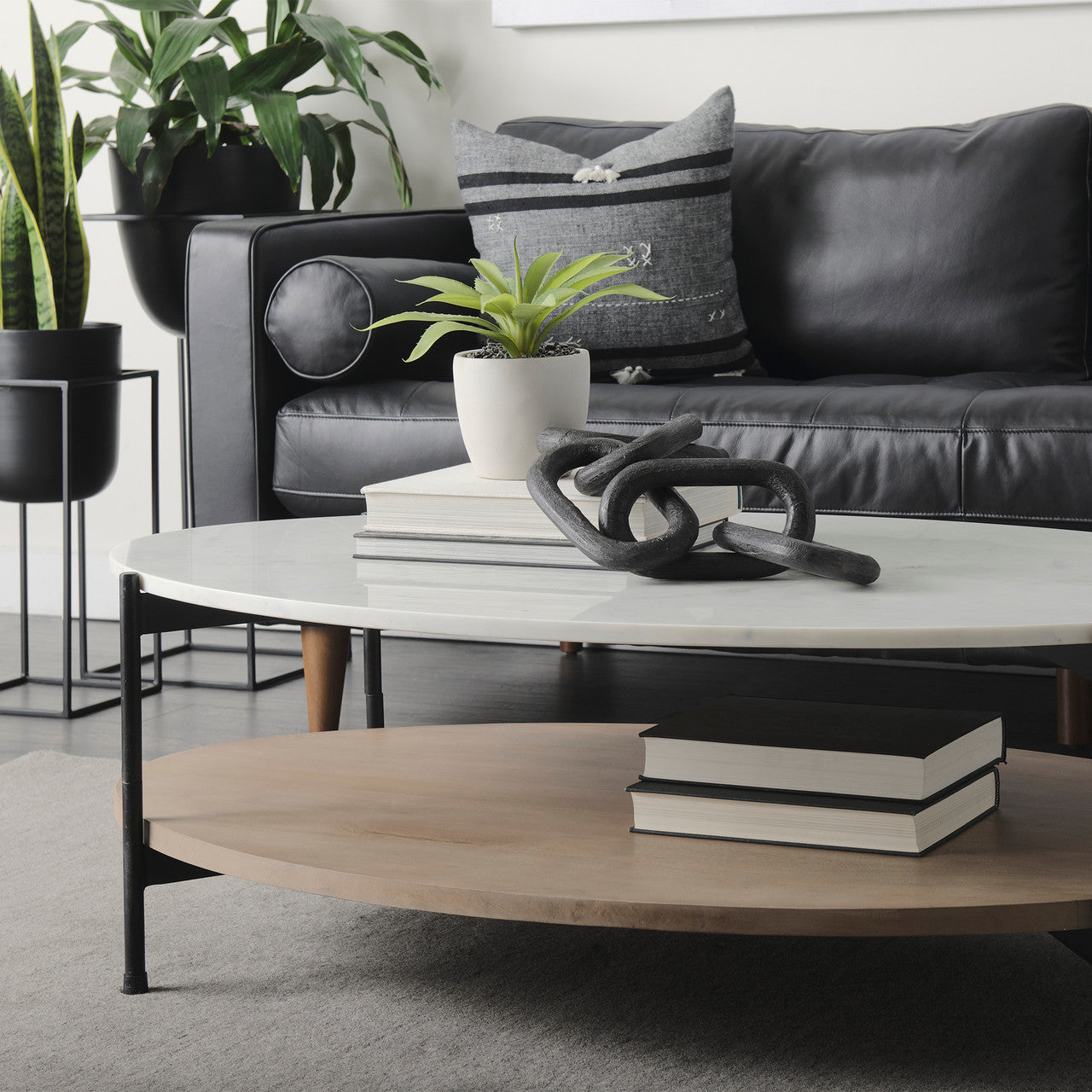 Larkin 48" Oval White Marble Top and Solid Wood Shelf w/ Black Metal Frame Coffee Table