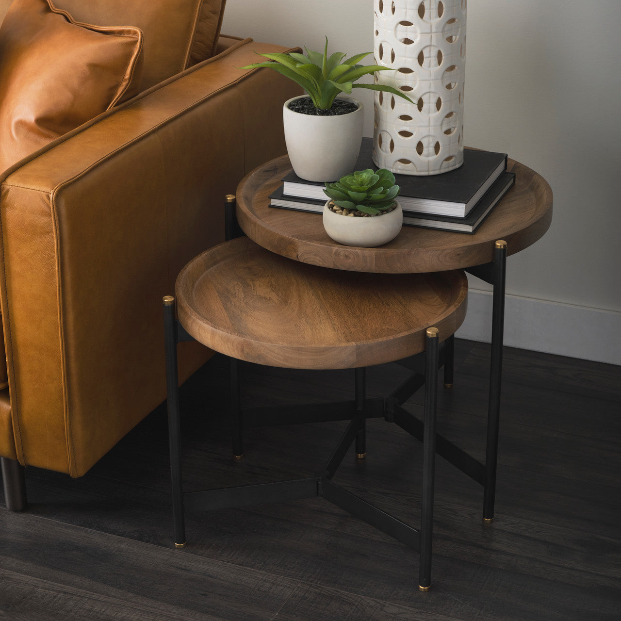 Marquisa (Set of 2) 22.5L x 22.5W x 20.8H Light Brown Wood W/ Black Metal Base Nesting Side Tables