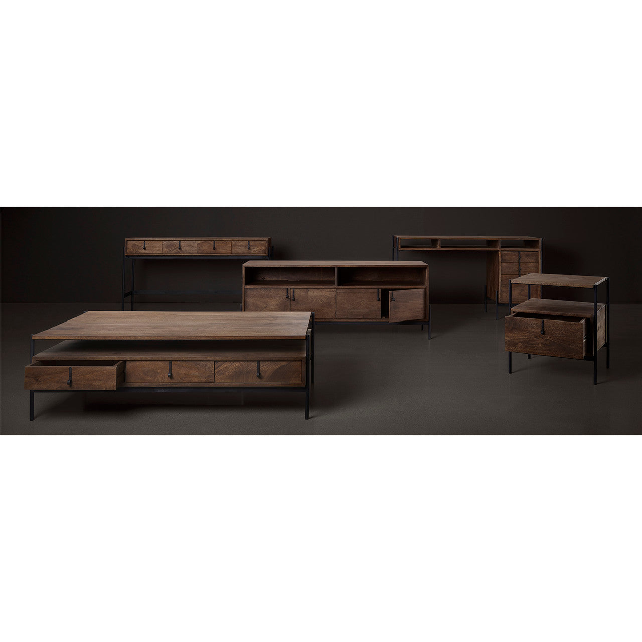 Glenn VII 56L x 22W Dark Brown Wood w/ Black Iron Frame, 3 Drawer Office Desk