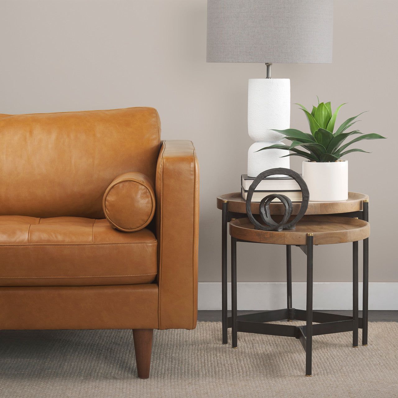 Marquisa (Set of 2) 22.5L x 22.5W x 20.8H Light Brown Wood W/ Black Metal Base Nesting Side Tables