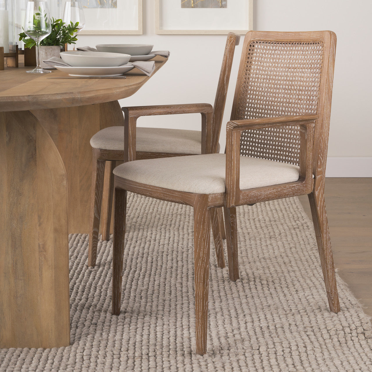 Clara Light Brown Wood W/ Cream Fabric Seat and Cane Back Dining Chair