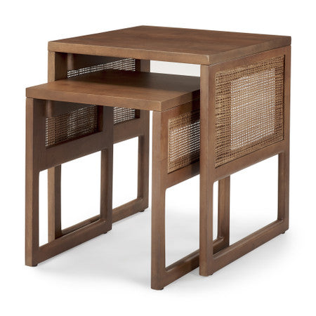 Grier Set of 2 Medium Brown Solid Wood w/ Cane Nesting Accent Tables