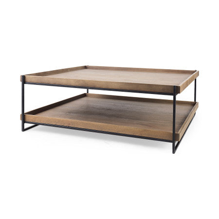 Trey Rectangular Brown Solid Wood Top Table Black Metal Frame Two-Tier Coffee Table