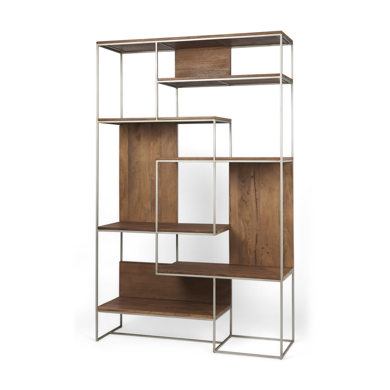 Morris III 47.25 X 15 X 75.5  Brown Wood and Silver Metal Frame 6 Shelf Shelving Unit