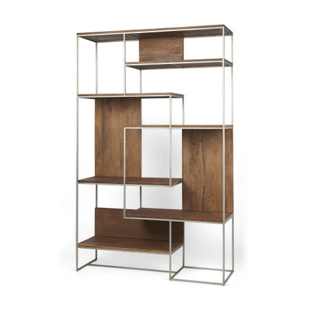 Morris Brown Wood and Silver Metal Frame 6 Shelf Shelving Unit