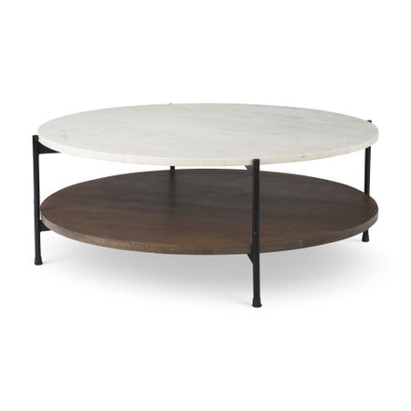 Larkin 42" Round Two-Tier White Marble Top and Solid Wood Shelf w/ Black Metal Frame Coffee Table
