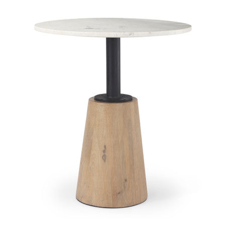 Maxwell Round White Marble Tabletop w/ Blonde Wood & Black Metal Accent Pedestal Bistro Table