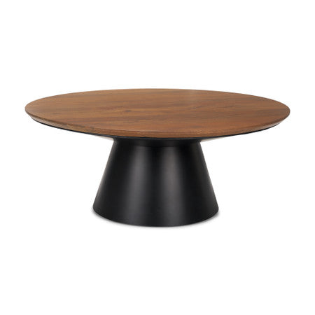Mitchell Black Metal Pedestal Base with Brown Wood Top Coffee Table