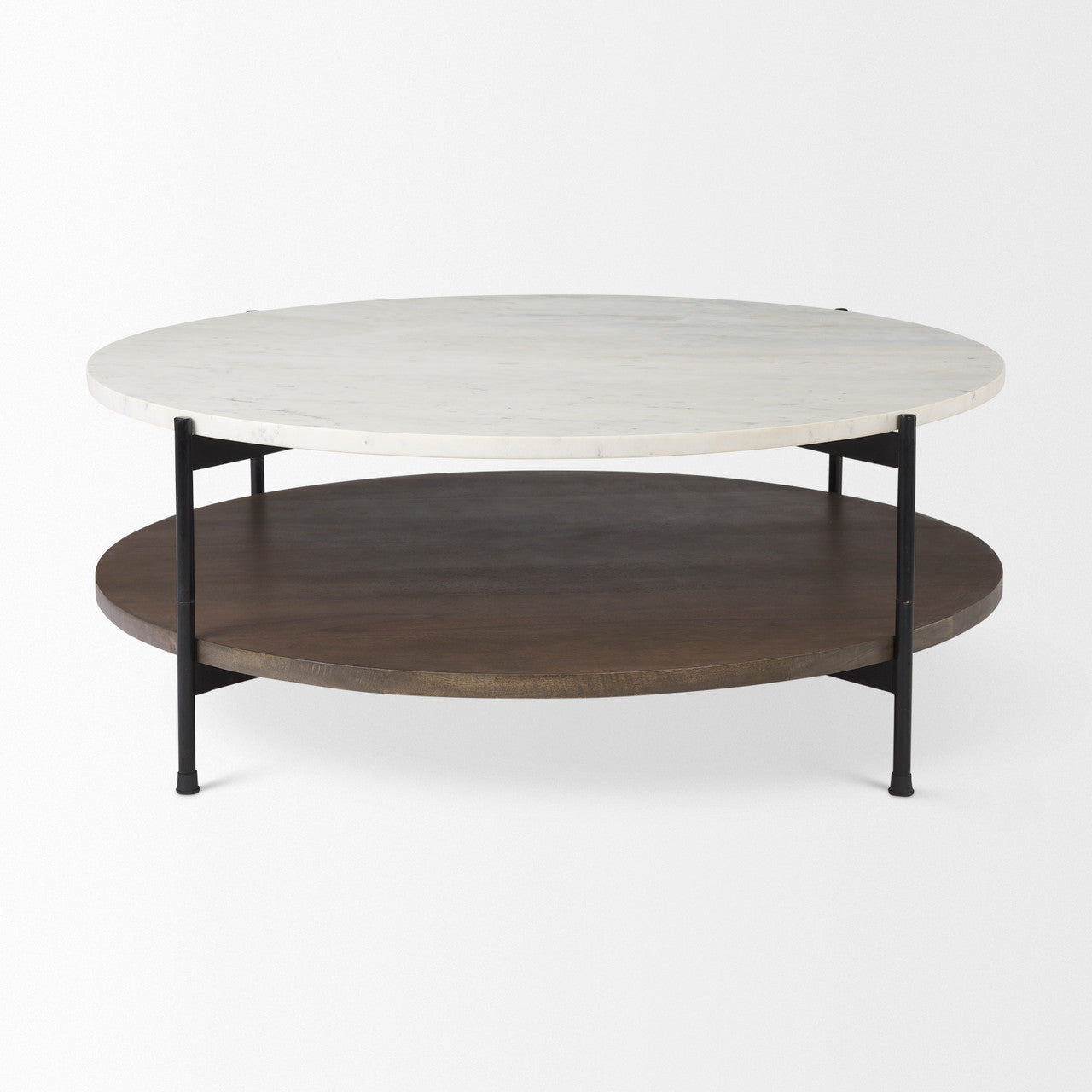 Larkin 42" Round Two-Tier White Marble Top and Solid Wood Shelf w/ Black Metal Frame Coffee Table
