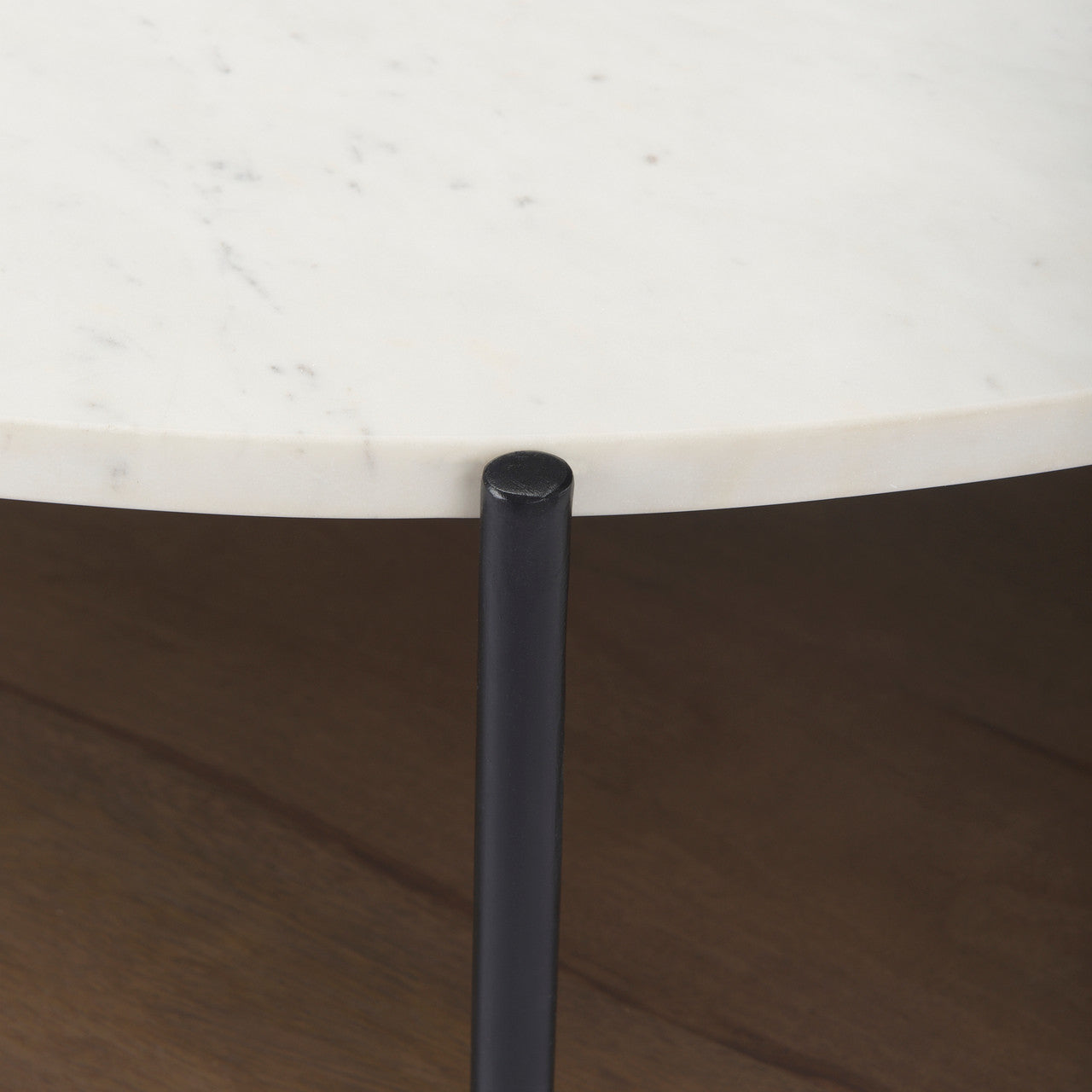 Larkin 42" Round Two-Tier White Marble Top and Solid Wood Shelf w/ Black Metal Frame Coffee Table
